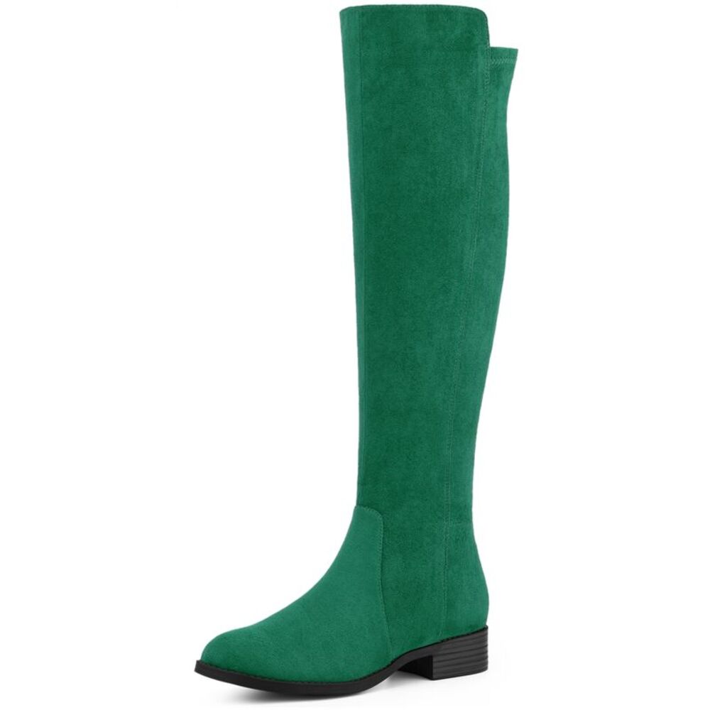 Round Toe Side Zip Chunky Heels Knee High Boots Emerald Green